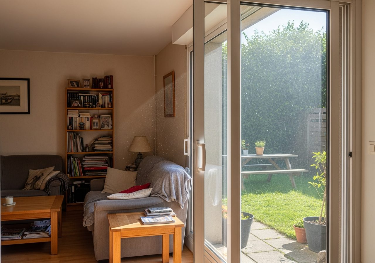 Baie coulissante aluminium ouverte sur un jardin