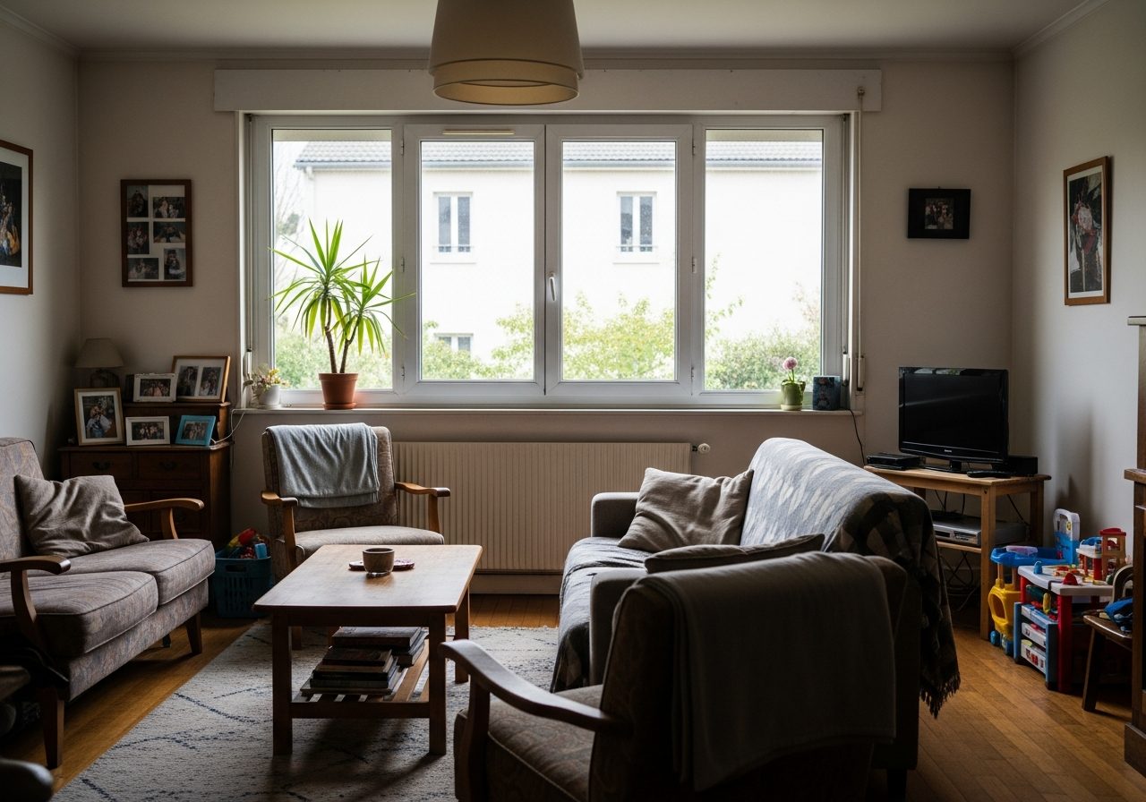Fenêtre aluminium à profilés fins dans un salon